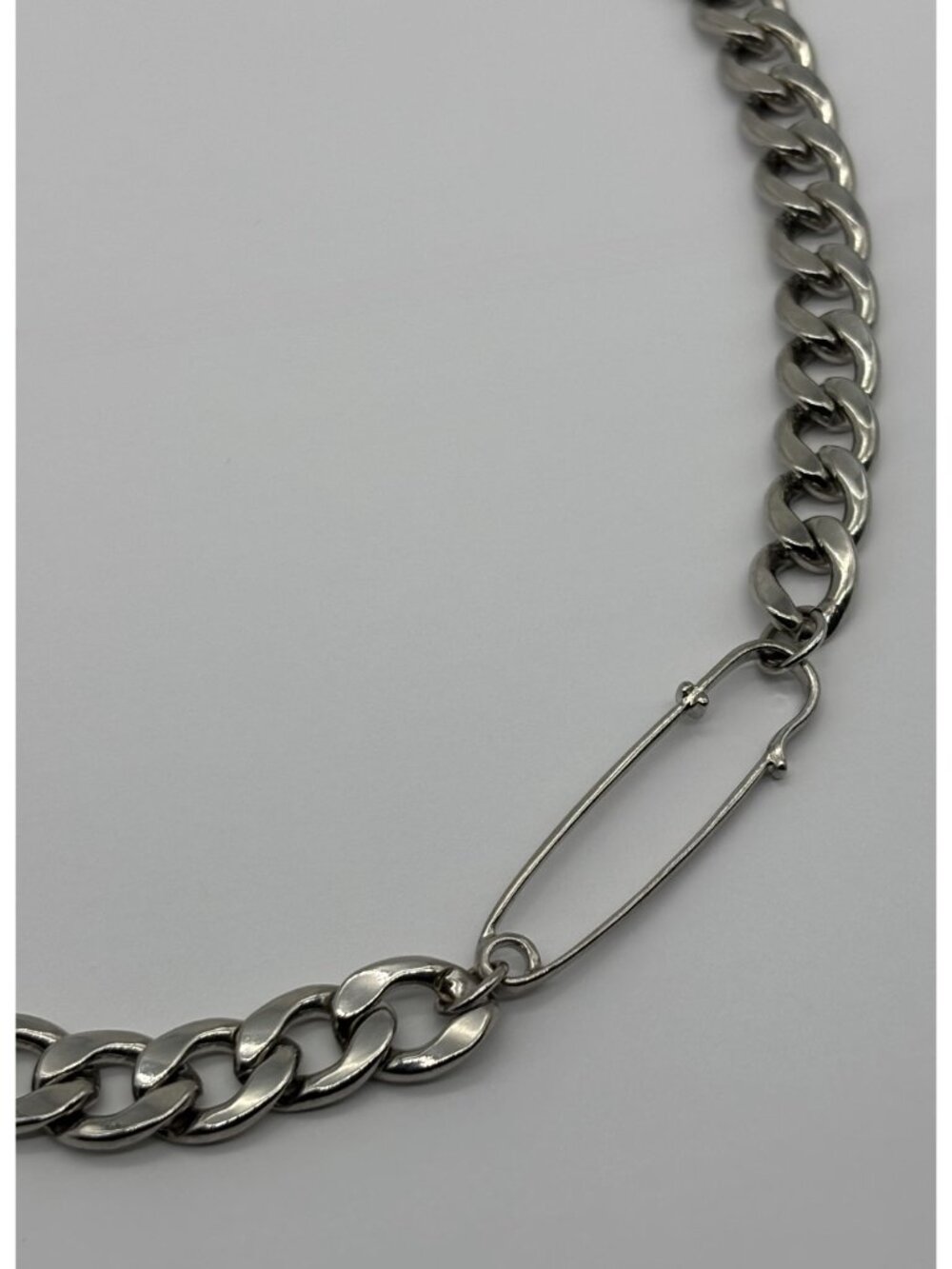 Chunky Silver-Tone Cuban Link Chain Necklace W/Faux Safety Pin Accent Adjustable - Picture 7 of 11